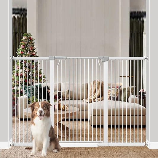 41" Extra Tall Baby Gate for Doorways and Stairs No Drill, Adjustable 60.3-65.7" Auto Close Dog Gate Indoor, Pressure Mounted Walk Through Swing Wide Pet Gate, Tall Cat Gate with Expansion Kit, White
