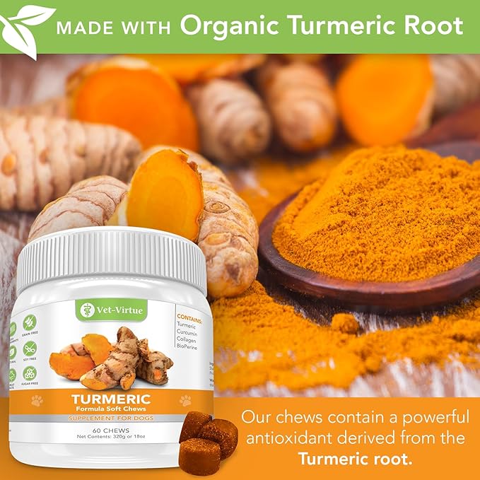 Turmeric for Dogs Anti Inflammatory Pain Relief | Organic Curcumin Dog Supplement with Collagen & Bioprene, Anti Inflammatory for Dogs, Supports Hips, Joints & Mobility | 60 Count
