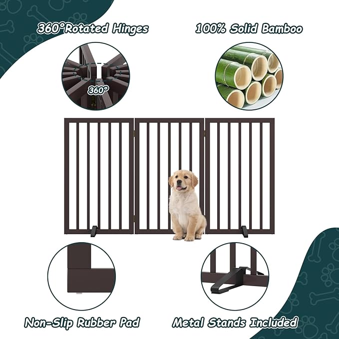 Semiocthome Freestanding Dog Gate 32" Tall, 3-Panel Foldable Dog Gates for Doorways Stairs House, Pet Gate Indoor with 2 Metal Stands, Espresso