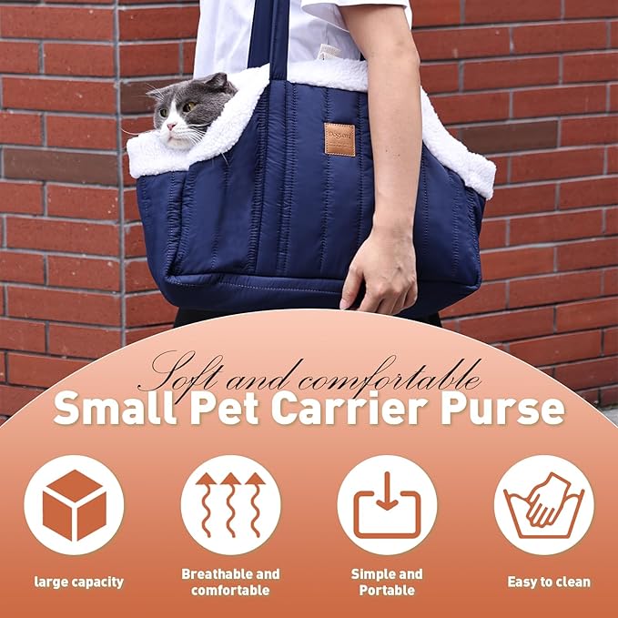 ETIAL Small Dog Carrier Purse, Winter Fleece Warm Dog Tote Bag Carrier with Secure Harness Clip for Puppy Kitten, Waterproof Pet Travel Handbag for Shopping, Hiking and Walking (Green)
