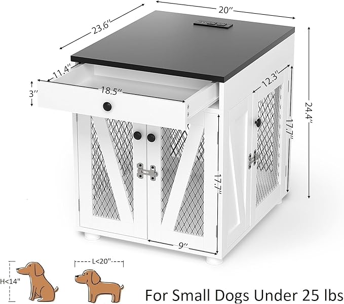 VOWNER Dog Crate Furniture, Wooden Dog Kennel End Table with USB Charging Station, Storage Drawer, Double Latched Door, Furniture-Style Crate Side Table for Small Dogs Under 25 lbs Indoor Use, White