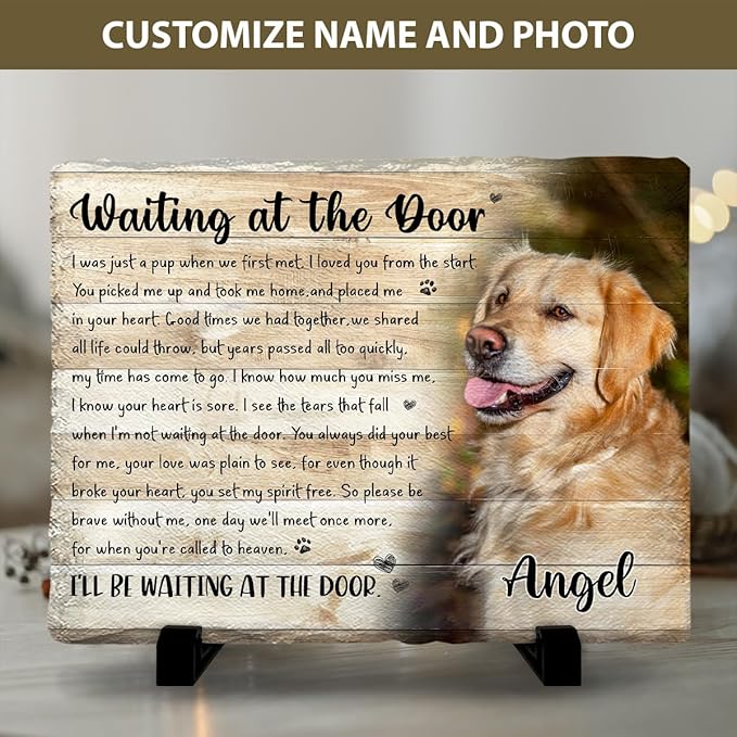 Personalized Dog Memorial Stone - Waiting at The Door Poem Plaque - Pet Loss Sympathy Gift for Dog Passing, Remembrance Keepsake for Mom Dad Friends, in Loving Memory Pet Tribute
