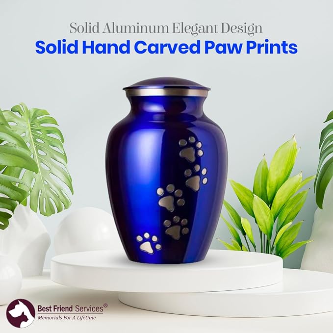 Ottillie Paws Legacy Series Pet Urn for Dogs, Handmade Aluminum Memorial Cremation Urn (Large - Pets up to 115 lbs, Pure Blue, Vertical Pewter Paws)