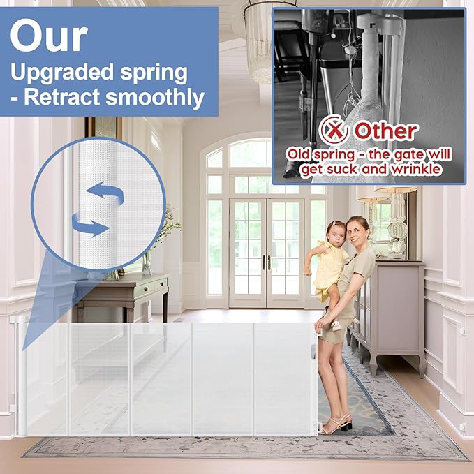 Reinforced 200 Inch Extra Long Dog Gate Indoor 37” Tall Outdoor Retractable Baby Gates for Doorways Extra Wide 16ft Bottom Anti-Crawl Indoor Extra Long Baby Gate Retractable Dog Fence/Barrier, White