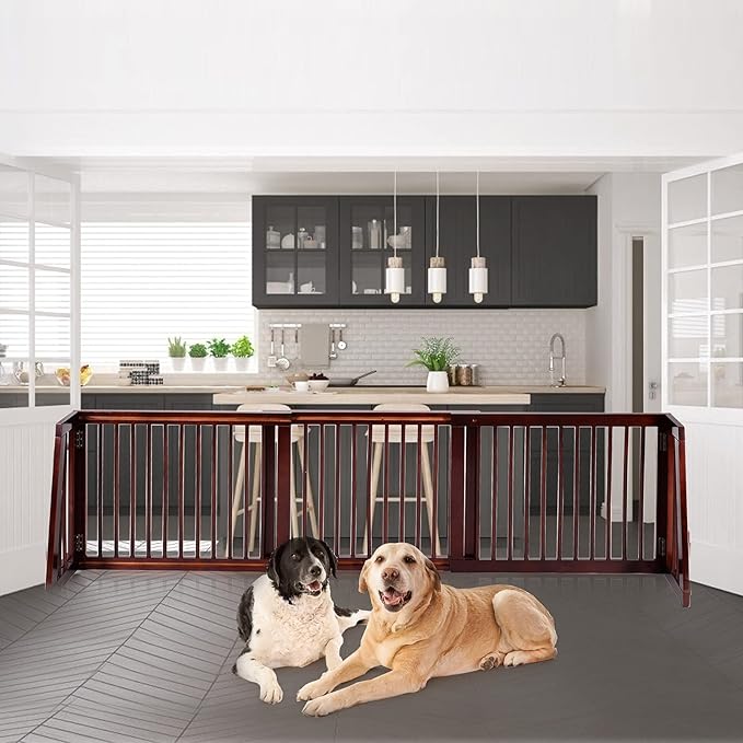 PETSITE 28"-80" Adjustable Wooden Pet Dog Gate, Freestanding Step Over Fence for Corridor Doorway Stairs