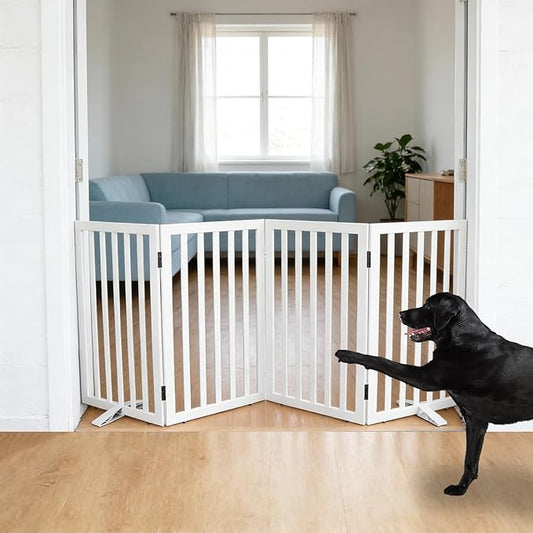 Dog Gate Indoor, Freestanding Dog Fence for The House, Doorways, Hallways,or Stairs,Pet Gate Foldable Wooden,Expandable 32" Height 4 Panels,White