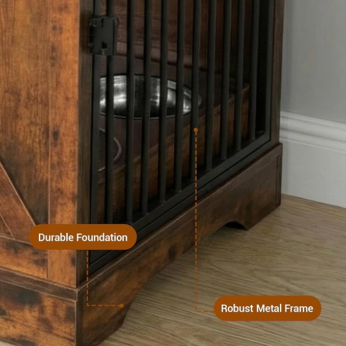 43.3" Dog Crate Furniture with Storage, Large Dog Kennel with 3 Drawers & 2 Feeding Bowls, Indoor Decorative Dog Cage for Large/Medium Dogs, Heavy Duty Dog House