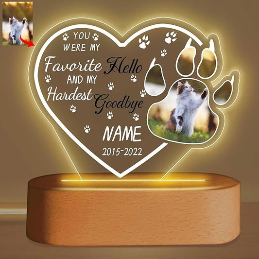 Personalized Pet Night Light Customized Dog Memorial Gift Picture Frame Acrylic Plaque Led Lamp Cat Sympathy Gift for Loss of Pet(Cat Paw Heart)