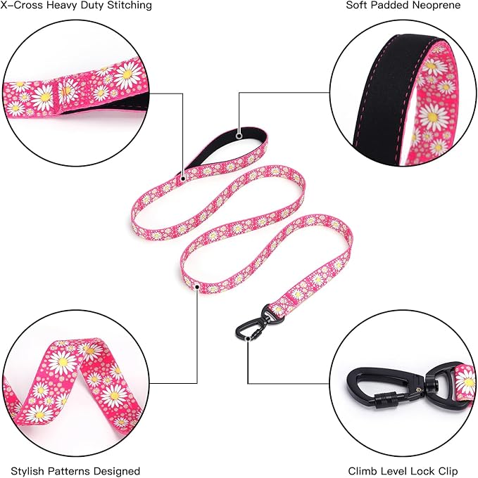 Martingale Collar for Medium Dogs, Girl Dog Collar with Daisy Flowers, Heavy Duty No Pull Dog Collar Floral Design Dog Training Collar, Perfect for Training, Walking, Hunting (Purple + Leash, M)