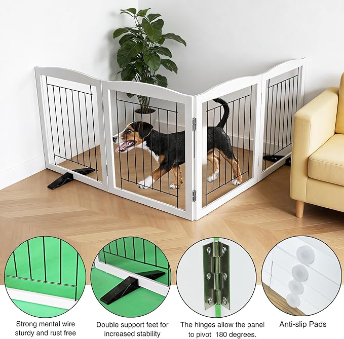 Dog Fence Indoor,Dog Gate Indoor for Doorway pet gate -4-Panel Freestanding, Hallways, House or Stairs -80x32-Inch Retractable Foldable Expandable Wood Pet by SFJC (White)