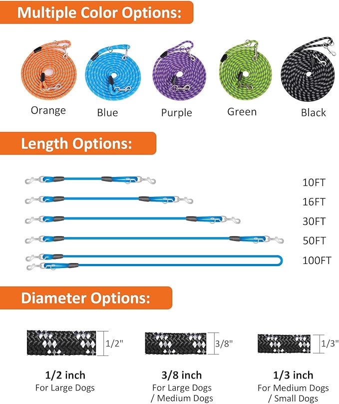 Dog Leash for Training 10FT/16FT/30FT/50FT/100FT Long, Reflective Threads Rope Check Cord, Heavy Duty Lead for Large Medium Small Dogs Outside Walking, Playing, Camping, or Yard