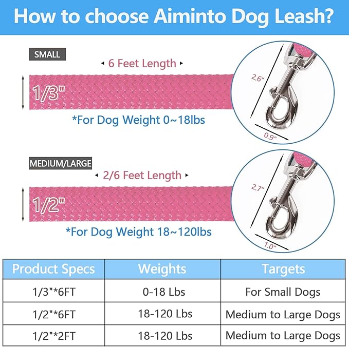 Dog Leash, Braided Rope Traction – Walking Training Lead for Medium/Large Dogs ((1/2") x 2FT, Pink)