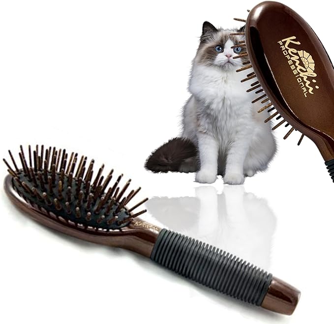 Kenchii Pet Grooming Wooden Pin Brush for Dogs And Cats - Solid Wood, Non Slip Grip Detangling and Shedding Brush for Long or Short Haired Pets