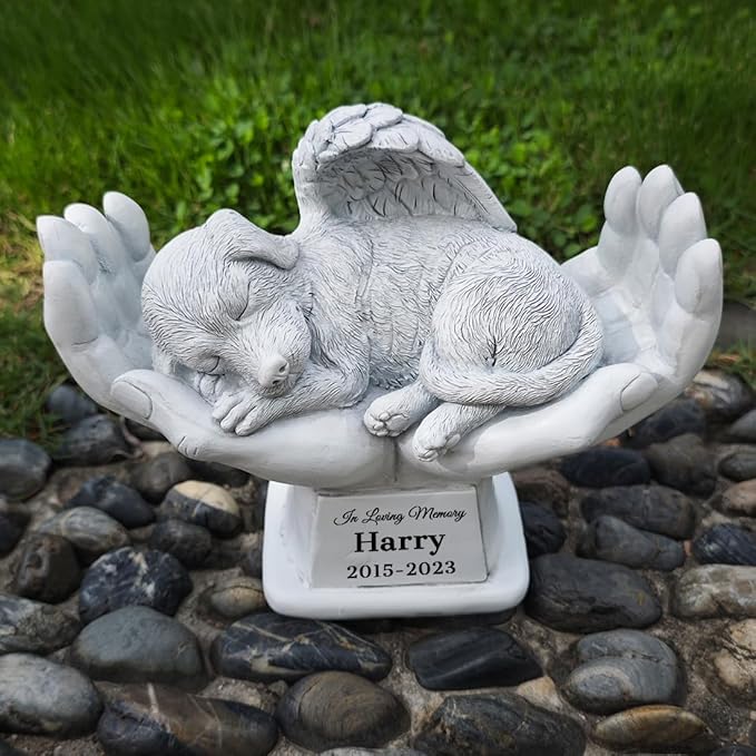 Personalized Pet Dog Grave Markers Angel Dog Statue Memorial Stone Sleeping in God's Hands, Dog Pet Headstone Garden Tombstone，in Loving Memory of A Pet Lost Dog Gifts (A)