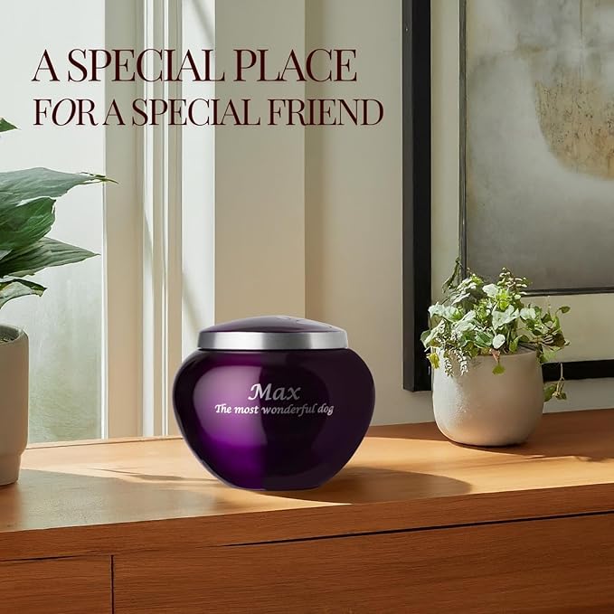 Mia Paws Premier Series Pet Urn for Dogs and Cats with Personalized Laser Engraving (Small - Pets up to 20 lbs, Deep Purple, Double Pewter Paws)