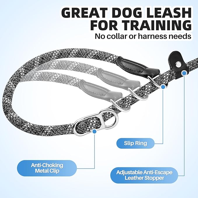 SlowTon Slip Lead for Dogs - Hands Free No Tangle Adjustable 5-7 FT 1/2” Rope, Heavy Duty Nylon Leash for Large Medium Dogs that Pull, No Pull Training Slip Leashes, 20-120lb, Dark Grey