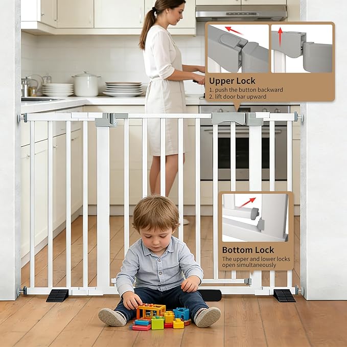 29.9-46" Wide Baby Gate for Door & Stair Safety Gate for Baby Dogs and Pets with 3 Extensions Adjustable Steel Barrier for Doorways and Hallways Easy Install White