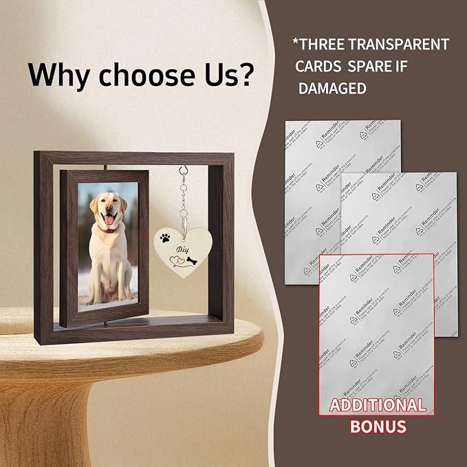 Pet Memorial Gift - Rotating Wooden Picture Frame for Dog or Cat, Heart Pendant & Holds Two 4x6 Photos, Sympathy Remembrance in Memory of Pet for Family Friend