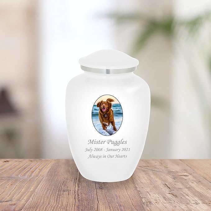 Homage Medium Custom Photo Pet Cremation Urn for Pet Ashes - Vase Style Pet Urn - 80 Cubic Inch Capacity - Personalization Included (White)