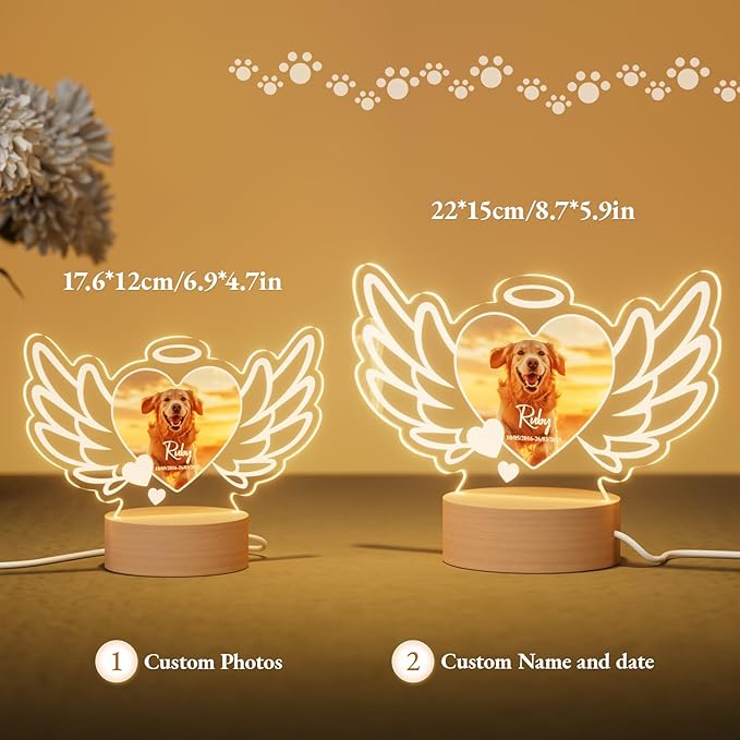 Bemaystar Dog Memorial Gifts for Loss of Dog Pet Memorial Gifts for Dogs Cat Memorial Gifts Custom Pet Memorial Night Light Pet Loss Gifts, Memorial Plaques for Dog Memorial Picture Frame - Wings