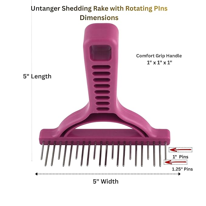 The Untangler Rakes for Grooming and Shedding - silky smooth rotating teeth to easily collect loose hair (Purple, Shedding)