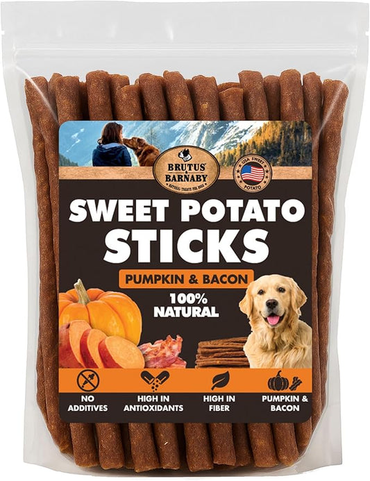 BRUTUS & BARNABY USA Sweet Potato Dog Treats - Grain Free, Pumpkin Bacon Crunchy Sticks - Great Tasting, Promotes Positive Dog Gut Health with Natural Anti-Diarrhea Properties, No Preservatives Added