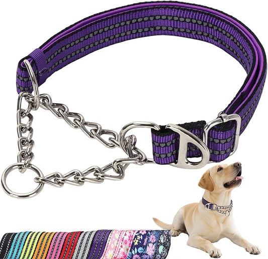Reflective Martingale Collar for Dogs - Heavy Duty No Pull Dog Collar with Padded,Adjustable Dual D-Rings Design Choke Chain Collars for Large Medium XL,XXL Dogs Training Collar（Purple L