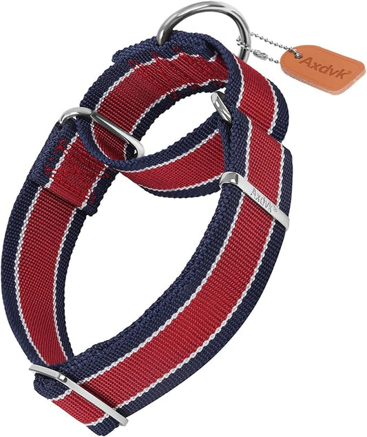 Martingale Collar 1.5 Inch Wide 1600D Extra Strong Anti Escape Nylon Dog Collar, No Pull Heavy Duty Pet Collars with 3-Color Stripe for Large to XLarge Dogs (XL, Red & Navy Blue)