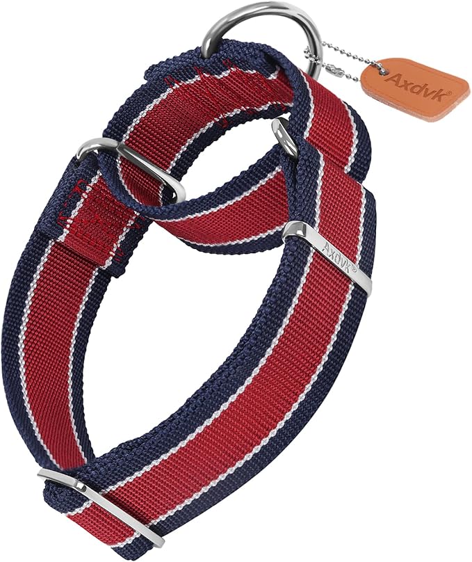 Martingale Collar 1.5 Inch Wide 1600D Extra Strong Anti Escape Nylon Dog Collar, No Pull Heavy Duty Pet Collars with 3-Color Stripe for Medium to Large Dogs (L, Red & Navy Blue)