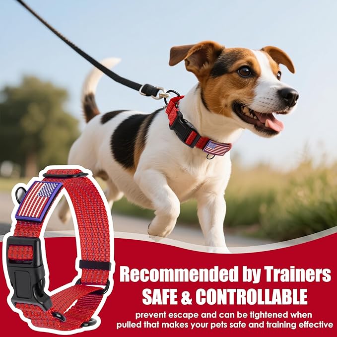 Martingale Dog Collar, Reflective No Pull Training Collar with Quick Release Buckle & USA Flag, Heavy-Duty Nylon, Adjustable for Small Medium Large Dogs (S,Red with Flag