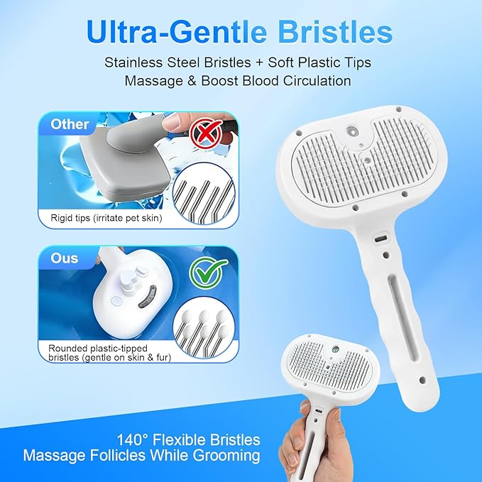 Pet Steam Brush for Dog & Cat - 4-in-1 Blue Light Steam Grooming Brush for Shedding & Hair Removal - Self Cleaning Spray Comb with Mist for Long Haired Pets - Includes 1*Waterless Shampoo, White.