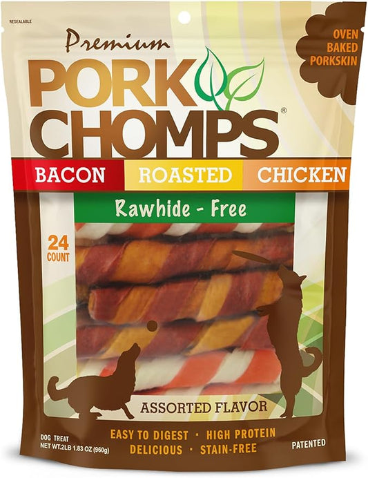 Pork Chomps Baked Pork Skin Dog Chews, 6 Inch Twists, 24 Count - Assorted Flavors - Long-Lasting Treats for Dogs - High Protein, Rawhide-Free, Low Fat, Healthy & Delicious Chews