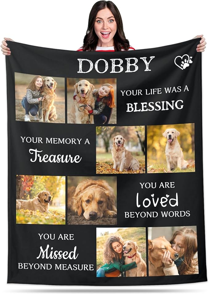Pet Memorial Blanket Gift - Personalized Dog Memorial Blanket with Photo Name, Pet Sympathy Gifts for Dogs Lovers, Custom Loss of Dog Grief Blankets, Pets Remembrance Bereavement Gifts (8 Photos)