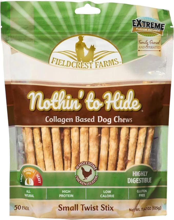 Fieldcrest Farms Nothing to Hide Natural Rawhide Alternative Small Twist Stix for Dogs -50 Pack - All Natural Easily Digestible Chews for All Breed Dogs - Great for Dental Health Plus Magnet