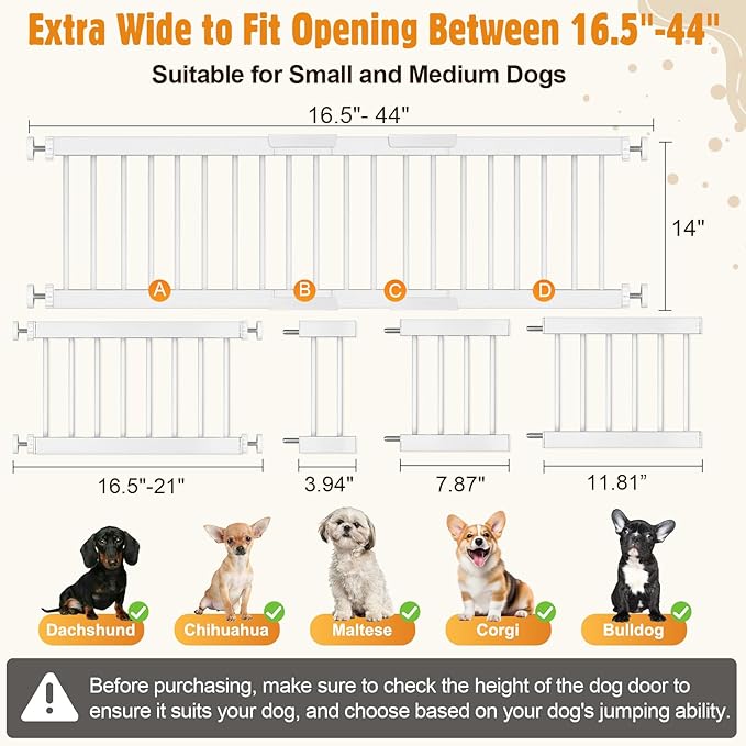 Metal Short Dog Gate - 16.5"-44" Adjustable Extra Wide, 14" Tall Pressure Mount Indoor Pet Gate, Easily Step Over Dog Gates with 3 Extension Kits, Small Puppy Gate for Doorways & Stairs