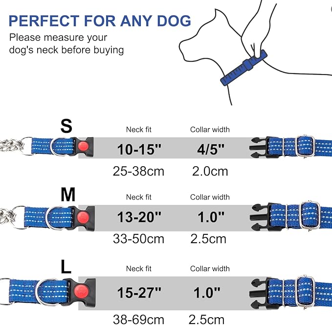 Martingale Collars,Reflective Dog Collar,Side Release Buckle,Adjustable Chain Training Pet Collars (Blue, M,Neck 13"-20")