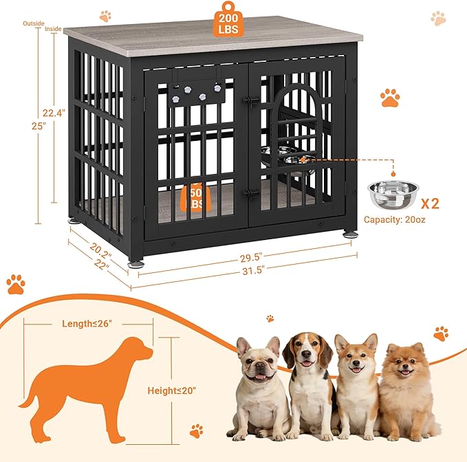 Dog Crate Furniture with Name Tag, Dog Kennel Indoor with 360° Rotating Feeder and Adjustable Heights Bowls, Wooden Decorative Pet Cage End Table for Small Dogs, Grey 31.5" L
