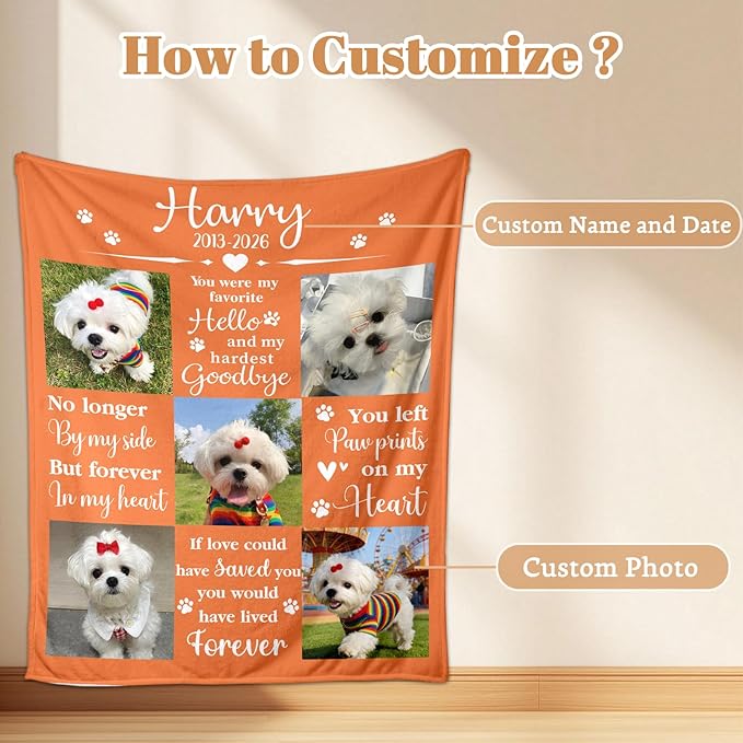 Custom Dog Memorial Blanket with Photos, Pet Memorial Gifts for Dogs, Personalized Dog Blanket with Picture Name, Sympathy Bereavement Remembrance Gifts for Pet Lovers, Cat Passing Away Gifts