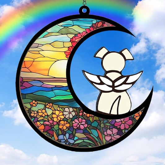 Memorial Pet Sympathy Suncatcher - White Angel Dog on Flower Moon Beverage Acrylic Ornament - Window Wall Decor Gift for Dog Lover