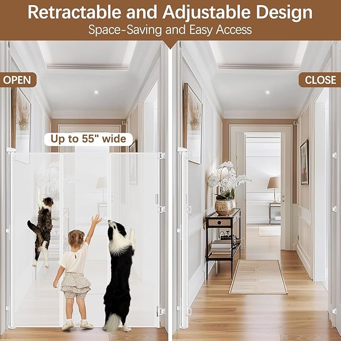 Reinforced 60 Inch Extra Tall Pet Gate for Cats - No Jumping Over/Crawling Under, 55" Wide Retractable Dog Gate with Support Rods, Indoor/Outdoor Retractable Gate Extra Tall Baby Gate for Cats, White