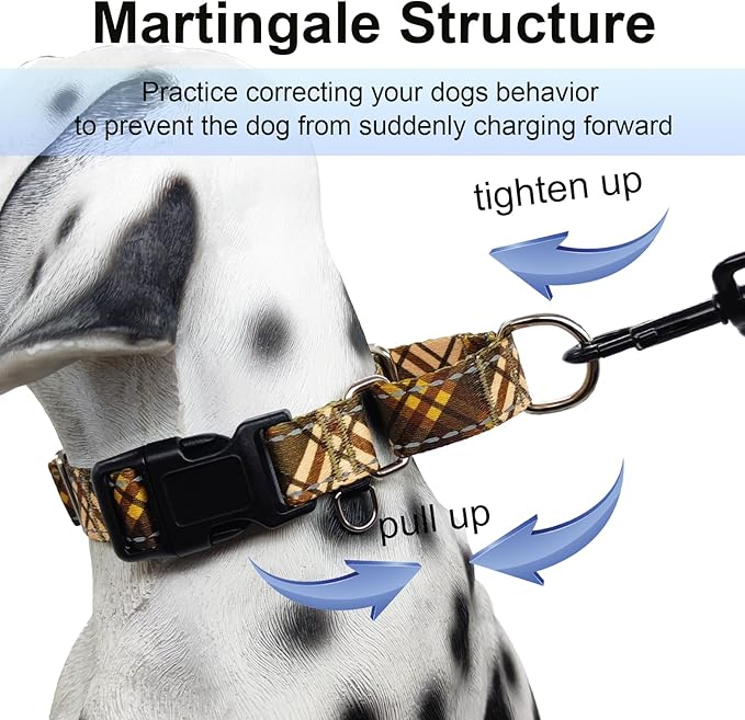 Fall Reflective Martingale Collar for Dogs with Quick Release Buckle Autumn Dog Collars (Brown Plaid, Large)