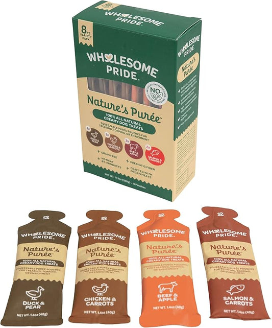 Wholesome Pride Nature’s Purée Creamy Dog Treats, Squeezable Lickable Treat & Topper, 1.4 oz Pouches, 8-Count, 4-Flavor Variety Pack