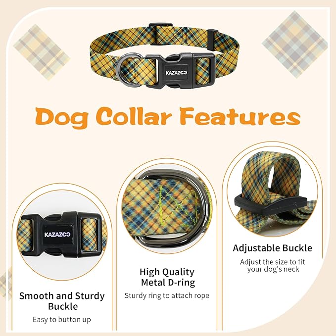 Kazazoo Dog Collar Cute and Soft Nylon Puppy Collar for Boy and Girl, Adjustable Dog Collars for Small Medium Dogs, Yellow&Blue Plaid-M