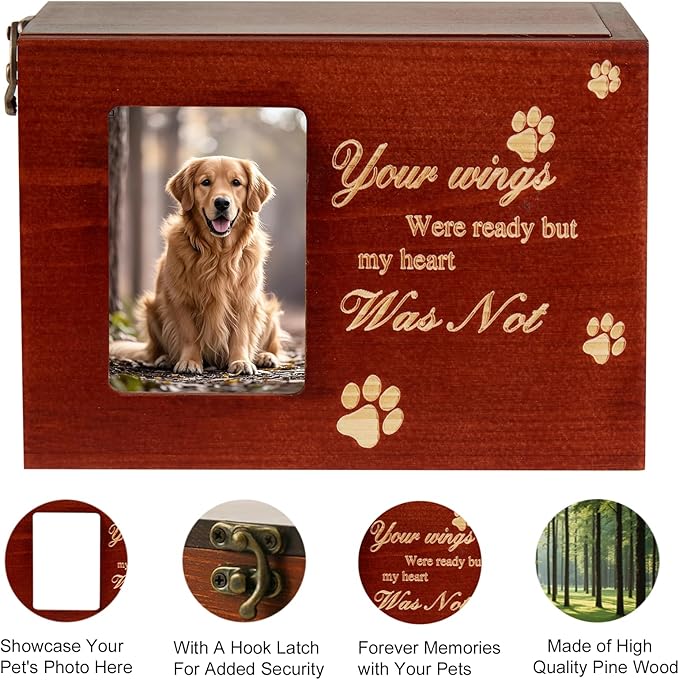 Pet Urns for Dog or Cat Ashes Sets Pet Cremation Urns Medium Wooden Keepsake Memory Box with Photo Frame with Black Flannel Lining Rainbow Bridge Keepsake Loss Pet Memorial Remembrance Gift