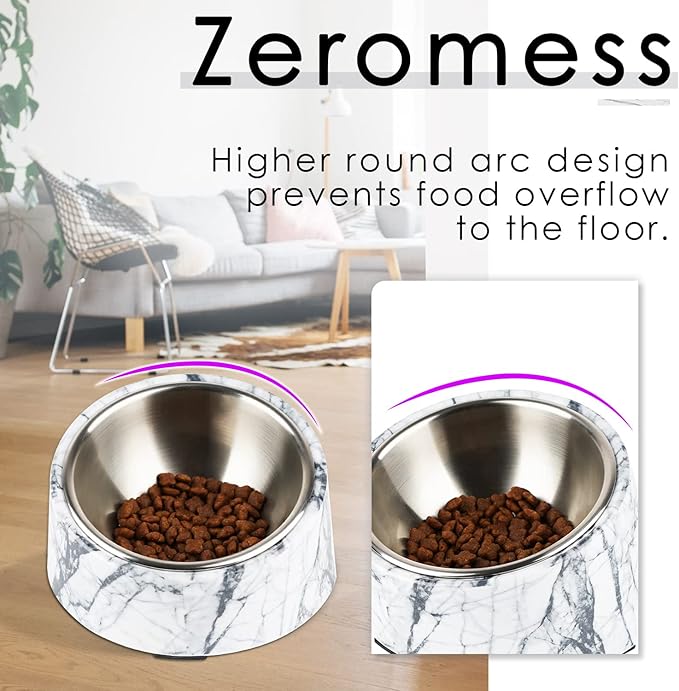 SuperDesign Mess Free 15° Slanted Bowl for Dogs and Cats, Tilted Angle Bulldog Bowl Dog Feeder, Non-Skid & Non-Spill, Easier to Reach Food L/2 Cup Marble Pattern