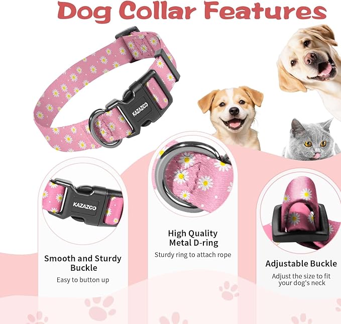 Kazazoo Dog Collar Cute and Soft Nylon Puppy Collar Girl, Adjustable Dog Collars for Medium Large Dogs, Pink Daisy-L