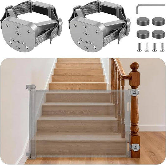 2Pcs Baby Gate Stair Railing Banister Adapter, Fits 1.9-4.72'' Diameter Universal Banisters, Wide Square/Round Railings No-Drilling Mounting Fittings for Retractable Gates,Adjustable Fixed Strap(Gray)
