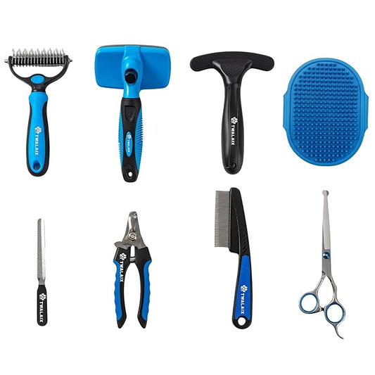 8 in 1 Pet Grooming Kit for Dogs & Cats – Deshedding Brush, Undercoat Rake, Slicker Brush, Nail Clipper, Scissors & Bath Brush for All Coat Types
