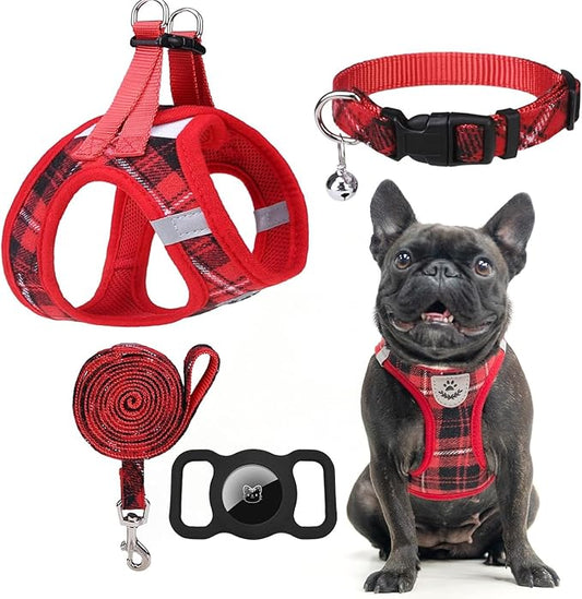 EXPAWLORER Classic Plaid Puppy Harness - Small Dog Harness and Leash Set - Dog Collar and Leash Set with AirTag Holder, Soft Padded Step in Dog Vest Harness No Pull Reflective for Outdoor, Red L