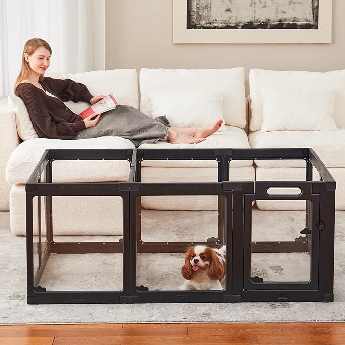 Acrylic Dog Playpen Indoor, Cloud Design Clear Dog Play Pen for Puppies and Small Dogs, Easy Assembly & Clean Puppy Pen (23.6", 12 Panels, Black)